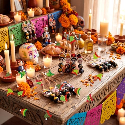 Cinnvoice 240 Pcs Holiday Wood Beads with Twine,Day of the Dead