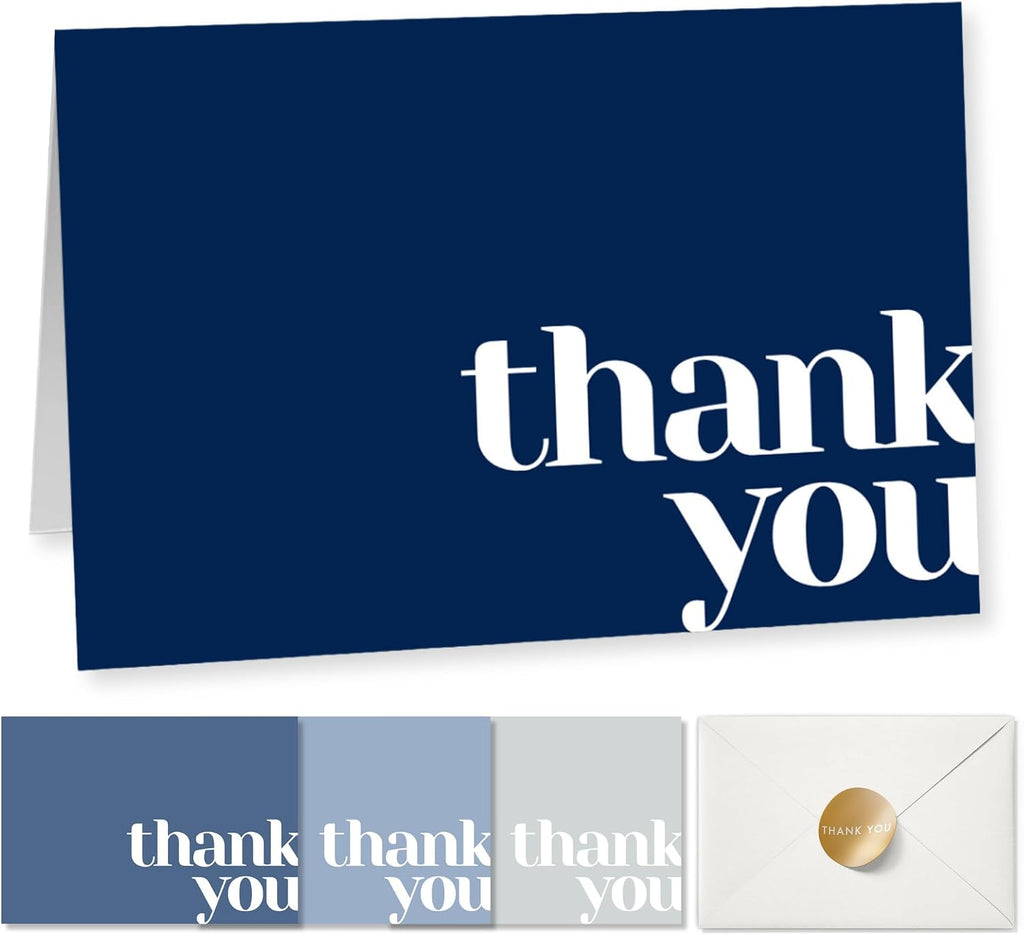Paper Play Thank You Cards Bulk Pack of 40 Blue, 5x3.5 Inches with Matching Stickers & Envelopes, Minimalistic Design Suitable for Business, Baby Shower, Wedding, Small Business, Graduation, Funeral