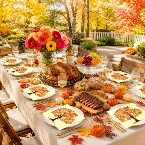 Konsait Fall Napkins - 50 Pack Maple Tree Fall Luncheon Paper Napkins, Disposable Autumn Napkins for Harvest Party Holiday & More, 6.5 x 6.5 Inches, 2-Ply