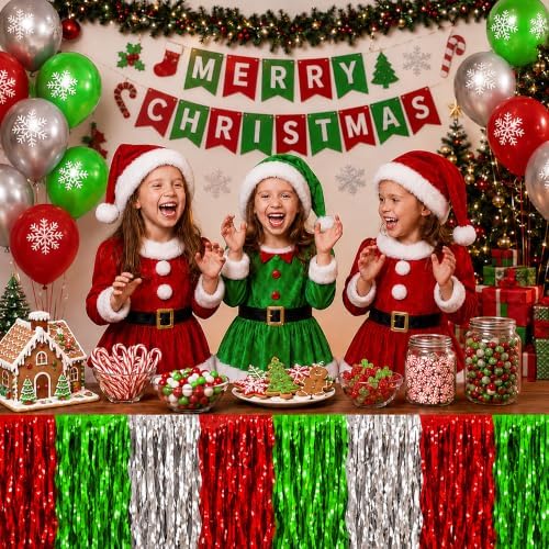 Christmas Decorations - 2 Pack Red Green White Wavy Foil Table Skirts