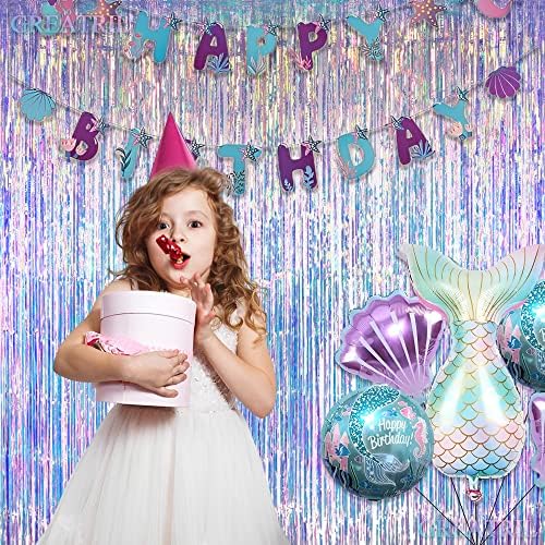 Iridescent Party Streamers Backdrop - GREATRIL Neon Transparent Holographic Tinsel Foil Fringe Curtain for Mermaid/Frozen/Sea/Euphoria/ERAS Party Theme Decorations 3.2ft x 6.5ft 2 PCS
