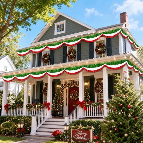 6 Pcs 40 Ft Christmas Foil Fringe Bunting,Red Green Tinsel Streamers Banner