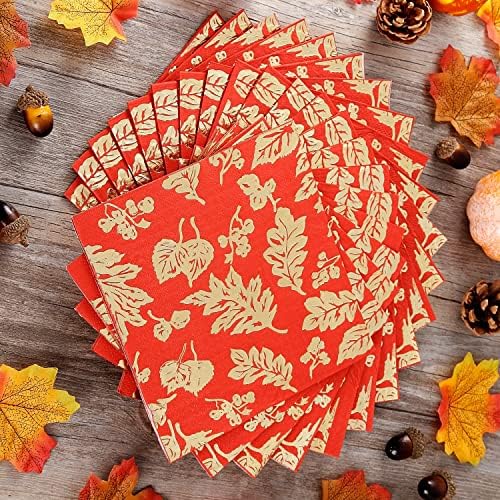 50 Pack Gold Foil fall Paper Napkins Disposable napkins red gold maple leaves for autumn and Thanksgiving, engagement, baby shower, celebration party 6.5 x 6.5 inches