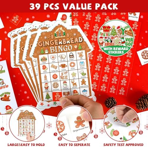 39Pcs Christmas Gingerbread Themed Bingo Game for Kids Adults 24 Players Christmas Baking Game Cards with Reward Stickers for Family Friends Students Large Group Activities Winter Holiday Party Favors