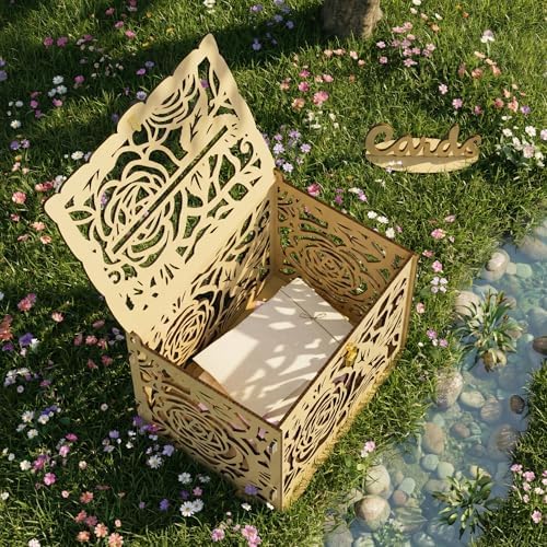 Jolik DIY Wedding Card Box, Large Rustic Locking Money Box Holder for Wedding Reception, Gift Card & Envelope Storage, Anniversary & Birthday Party Decoration, Bridal or Baby Showers (Yellow)