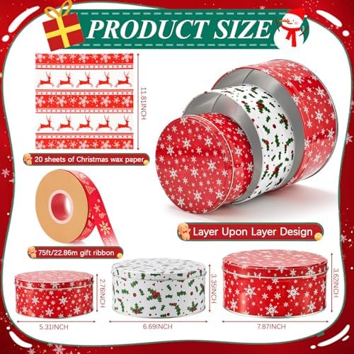 Yaomia 3 Pack Christmas Cookie Tins with Lid Vintage Metal Cookie Tins