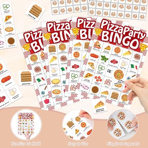 Pizza Bingo Games for Partys, 24 Players Pizza Party Time Bingo Cards, Fun Birthday Party Game for Family, Large Group Holiday Party Activities Supplies
