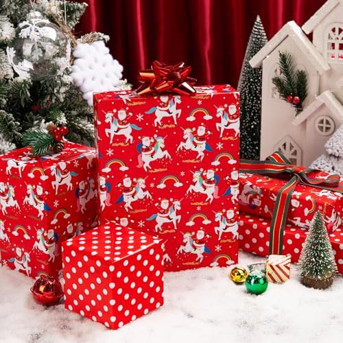 MAYPLUSS Christmas Wrapping Paper Roll - 17 Inch X 33 Feet - Reversible Fairytale Christmas Red Unicorn, Santa Claus, Rainbow, Polka Dot Design Holiday Winter Gift Wrap for Wedding, Party,Celebration