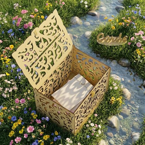 Jolik Wedding Card Box with Sign, Large Rustic Locking Money Box Holder for Wedding Reception, Gift Card & Envelope Storage, DIY Anniversary & Birthday Party Decoration (Yellow)