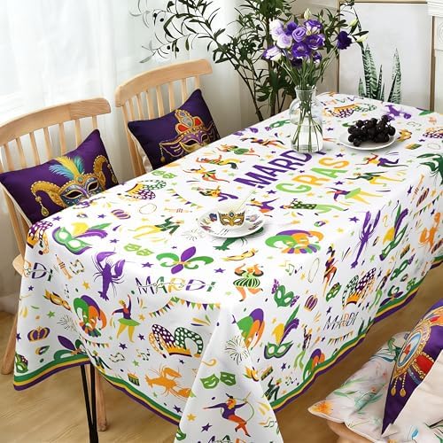 Mardi Gras Tablecloth Decoration Tablecloths, Purple Green Yellow Table Covers, Waterproof Table Cover for Dinner Kitchen Party Holiday Decor 60"x 84" Oblong/Rectangle