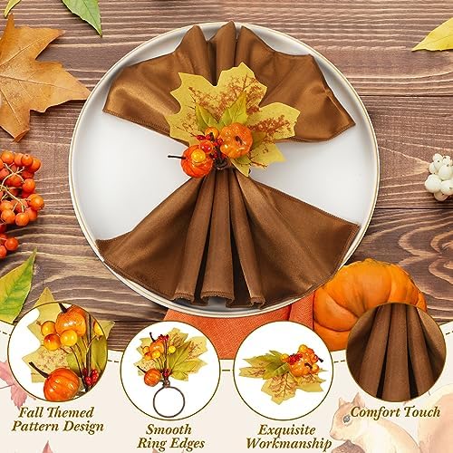 8 Sets Fall Thanksgiving Napkin Rings and Cloth Napkins, Harvest