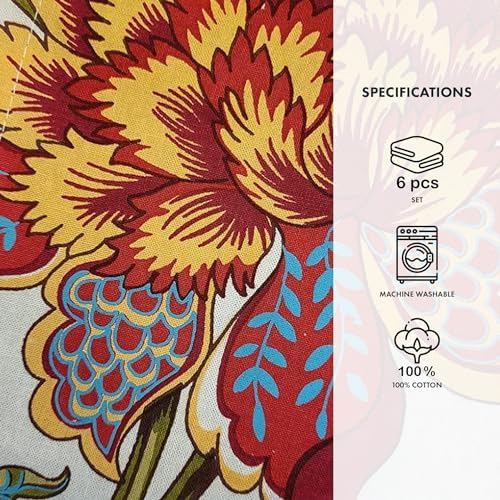 TARAN LIVING Napkins Fall Printed Cotton Cloth Napkin Reusable Boho Dinner Napkin Set Washable Dish Napkin for Gifts, Home Decor, Hotel, New Year Party - Kaveri - Set of 6, 20x20 Inches