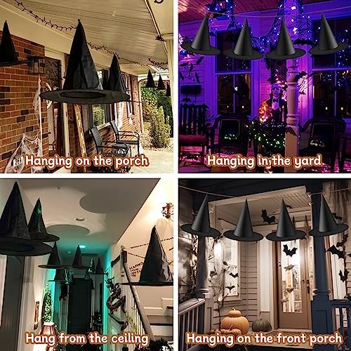 Riare 12pcs Halloween Black Witch Hats Set- Floating Hanging Witches Hats with 98 Feet Hanging Rope and 60pcs 3D Bats Wall Decal Stickers, Costume Witch Accessory for Halloween Yard Party Decoration