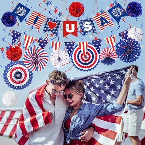 4th of July Patriotic Decorations Set Paper Fans Pom Poms Hanging Swirls USA & Pennant Banners Star Streamer Red White Blue Independence Memorial Day Veterans Day Party Decor Supplies