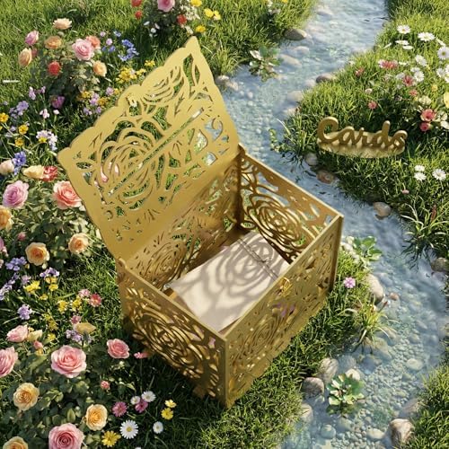 Jolik DIY Wedding Card Box, Large Rustic Locking Money Box Holder for Wedding Reception, Gift Card & Envelope Storage, Anniversary & Birthday Party Decoration, Bridal or Baby Showers (Gold)
