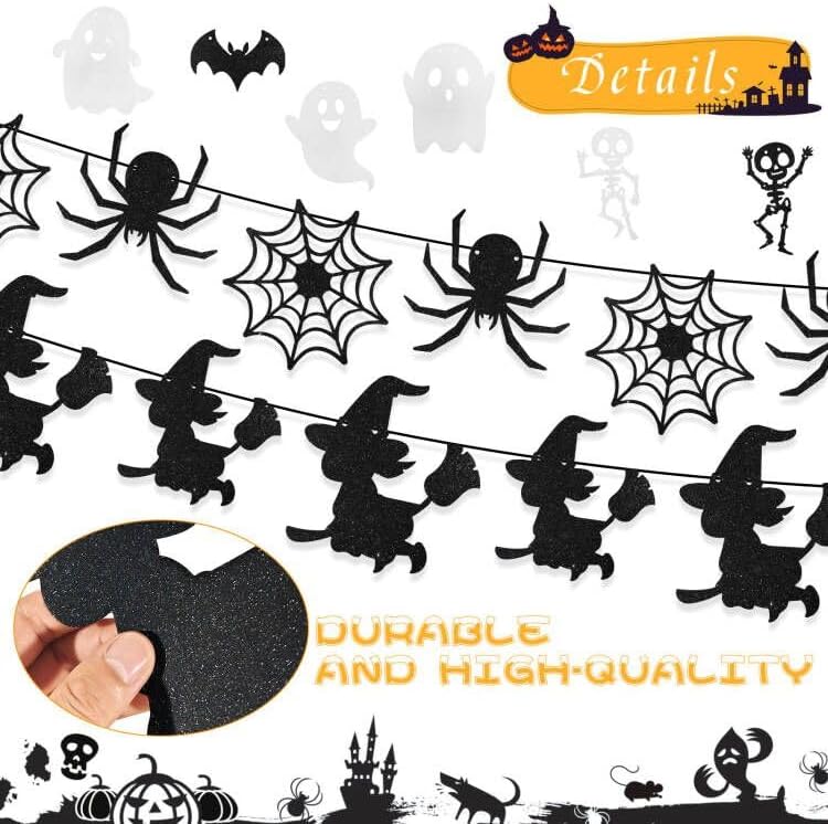 CCINEE Halloween Bat Banner Spider Ghost Skeleton Witch Garland, 5 PCS White Black Glitter Banner Garland for Halloween Party Haunted House Classroom Firepalce Indoor Outdoor Decorations
