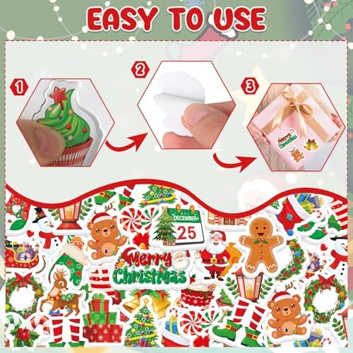 300Pcs Christmas Foam Stickers, Cute Self-Adhesive Xmas Stickers Foam Santa Claus Gingerbread Man Reindeer Sticker Decorations for Home Office School Classroom DIY Art Craft Party Supplies