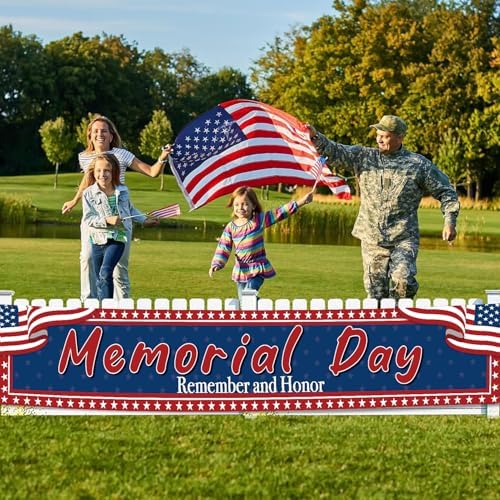 Memorial Day Banner 120x20Inch - Memorial Day Decorations, Remember and Honor Banner for Fence Yard Sign Patriotic Decorations Party Supplies