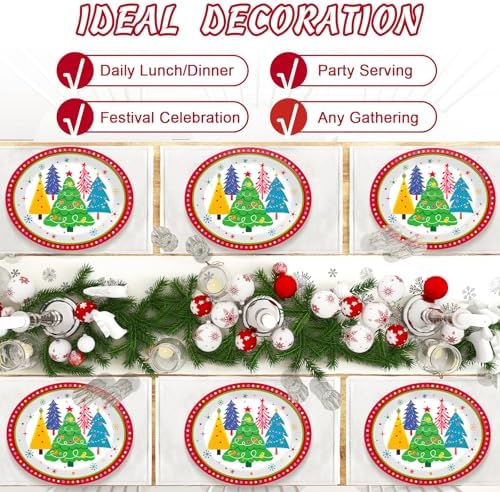 Lonfliness 50Pcs Colorful Christmas Tree Plates Disposable Paper Christmas Tree Party Decorations Supplies 11 Inch Oval Plate Platter Dish Tray, Xmas Holiday Tableware Dinnerware