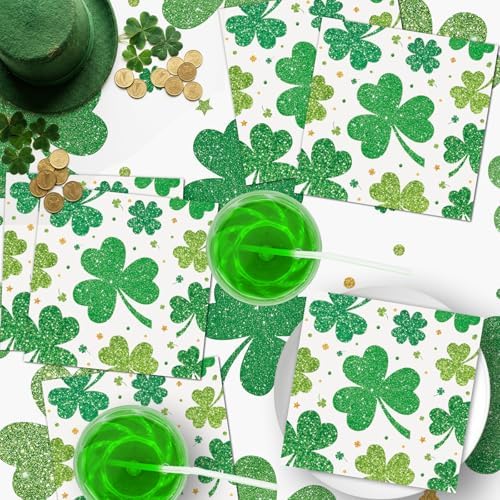 40 Pcs St.Patricks Day Napkins 13 x 13 Inches - Green Shamrock Napkin, 3-Ply Disposable Lucky Irish Cocktail Beverage Dinner Napkins Set for Saint Patrick's Day Party Supplies Table Decorations