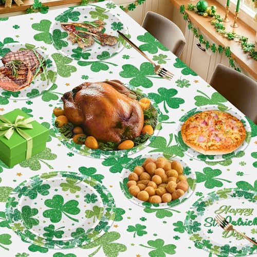 Litmitfu 24 Pcs Happy St Patricks Day Plates Set - Disposable Green Shamrock Paper Plate, Irish Round Dinner Dessert Plate Dinnerware Kit for St Patrick's Day Party Decorations Supplies Table Decor