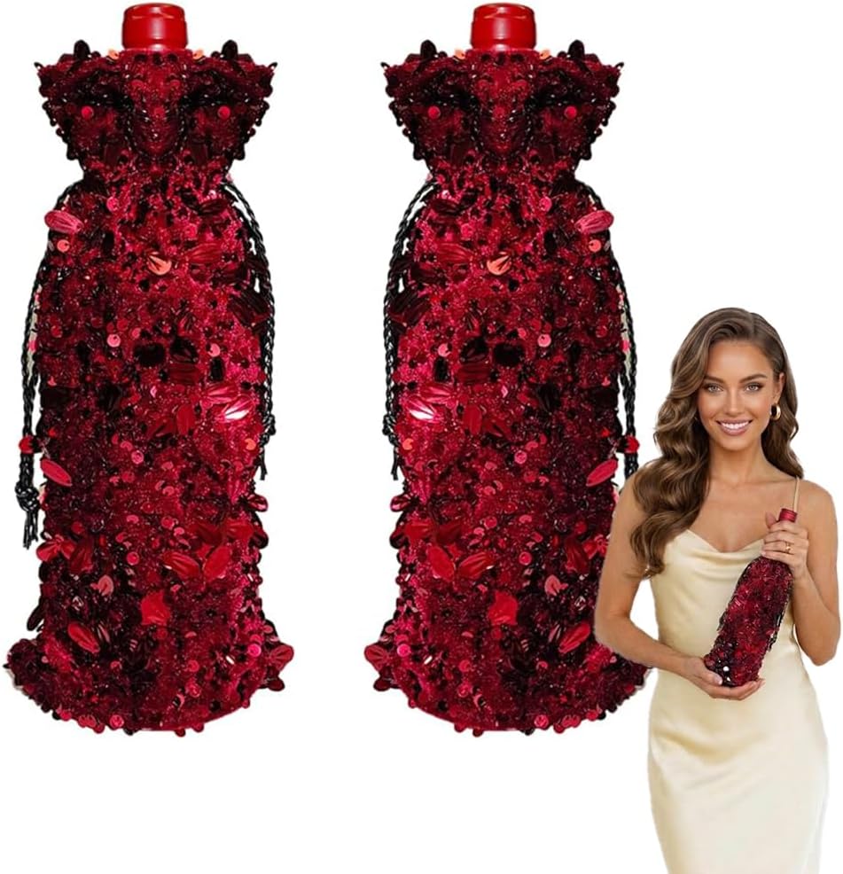 Blingxy 2-Pack Red Glitter Wine Bottle Gift Bags with Drawstring
