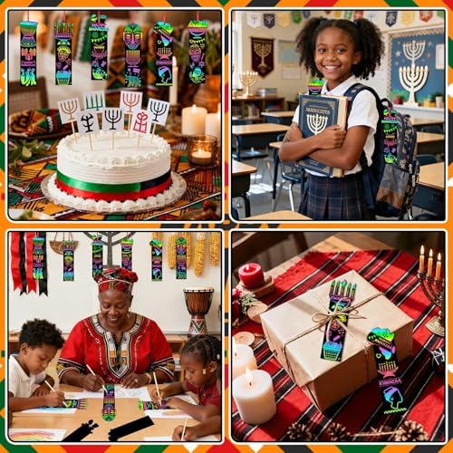 AUGSUN 96Pcs Kwanzaa Scratch Art Bookmarks Crafts for Kids