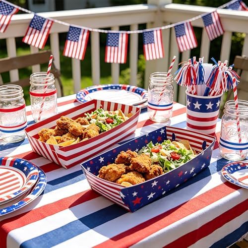 50 Pcs Patriotic Party Snack Trays, Disposable American Flag Paper Serving Boats, Red White and Blue Food Trays for July 4th, Memorial Day & USA Themed Events – 2 Designs