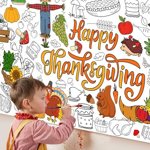 Thanksgiving Coloring Tablecloth 31×72 in, Large Paper Table Cover with Pumpkins, Turkeys, Scarecrow and Harvest Designs, Holiday Party Coloring Poster for Activity Arts and Crafts