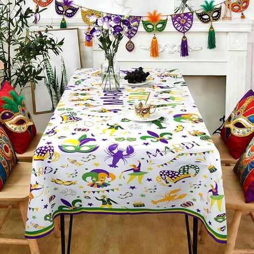 Mardi Gras Tablecloth Decoration Tablecloths, Purple Green Yellow Table Covers, Waterproof Table Cover for Dinner Kitchen Party Holiday Decor 60"x 84" Oblong/Rectangle