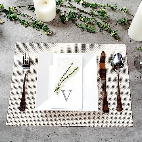 Luxenap 15.8 X 7.9 Inch Linen-Feel Guest Towels, 50 Lettered Hand Towels - Silver Letter 'V', Sans Serif Font, White Paper Dinner Napkins, airlaid, For Restrooms And Tables - Restaurantware