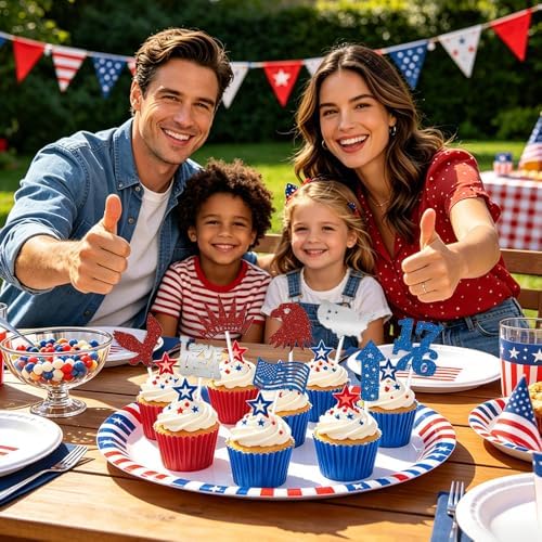 24Pcs Independence Day Cupcake Toppers, Glitter 4th of July Cake Decoration