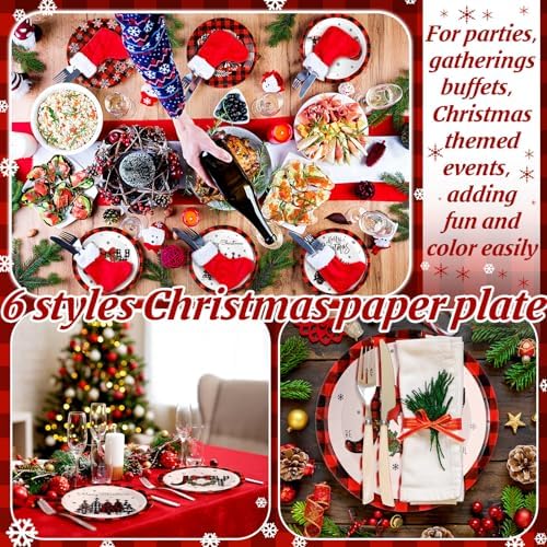 Fourluoo 96 Pcs Red Buffalo Plaid Christmas Paper Plates Disposable Dinner Plates for Xmas Birthday Party Table Decor