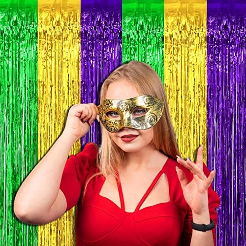 4 Pack Mardi Gras Foil Fringe Curtain Backdrop, 3.28Ft x 8.2Ft Gold Green Purple Metallic Tinsel Foil Fringe Streamers Curtains for Photo Booth, Wedding, Birthday, Carnival Party Decoration