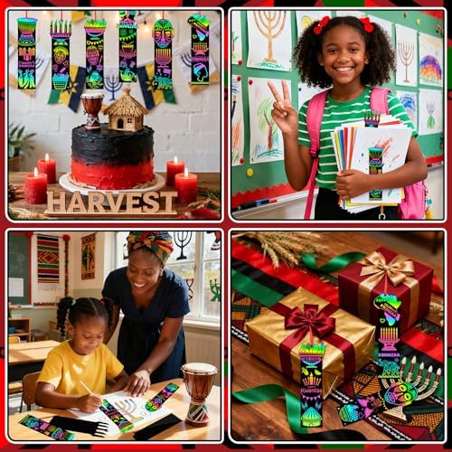 JUNEBRUSHS 30Pcs Kwanzaa Craft for Kids, Rainbow Magic Scratch Art Bookmark
