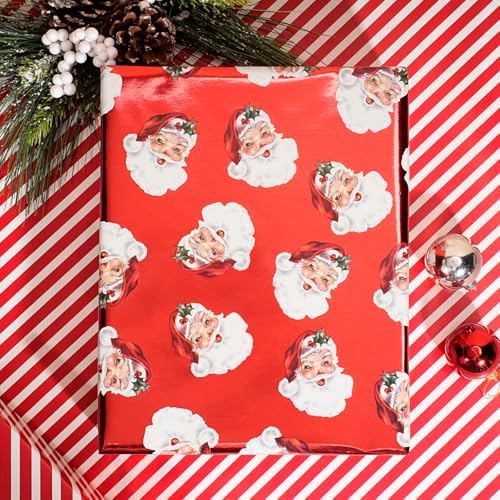 LaRibbons Vintage Santa Foil Christmas Wrapping Paper Jumbo with Red Stripe