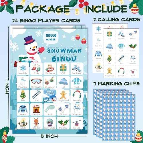 24-Person Christmas Bingo Cards, Winter Snowman Xmas Party Card Game, Christmas Bingo Game for Family Large Group Activities, Christmas Winter Holiday Party Supplies