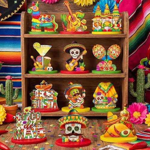 Wesiti 12 Pcs Cinco De Mayo Table Decorations Mexican Fiesta Party Decorations Wooden Cinco De Mayo Centerpiece Signs Taco Maracas Guitar Sombreros Table Topper Tiered Tray Decor for Home Office