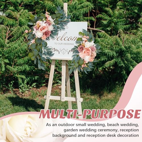 Thiccywoov 4 Pcs Wedding Arch Flowers and Drape Kit Include 2 Artificial Floral Swag and 2 Chiffon Drapes, Faux Flower Set for DIY Wedding Party Reception Ceremony Backdrop Rose Decoration (Pink)