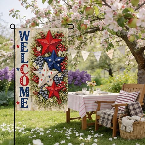 4th of July Decorations - Patriotic Stars Welcome Garden Flag | Double Sided Fourth of July Accessories Patriotic Banner | 250 Anniversary USA Merchandise for Garden Yard Porch Patio Lawn Outdoor Outside Decor