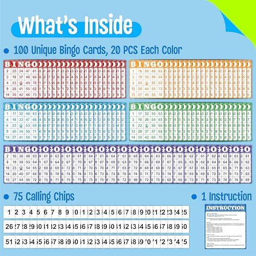 100-Pack Number Bingo Game Cards, Disposable Reusable Multi-Color Paper Sheets for Kids, Numbers 1-75 Bingo Board Game for Parties, School, Classroom, Family Gathering Activity, Travel, Road Trip