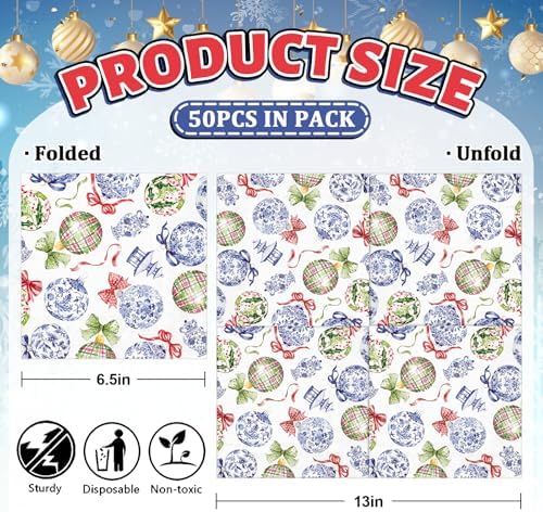FYSUIMU Christmas Balls Paper Napkins Luncheon Napkin Chinoiserie Xmas Ball Disposable Dessert Dinner Hand Napkin for Holiday Party Decorations Supplies, 50 Pcs