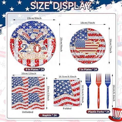 96 Pieces 250th Anniversary Plates and Napkins Patriotic Tableware Set, American Flag Disposable Paper Plates, Napkins, Forks for 4th of July Party Veterans Day Memorial Day Party Supplies- Serves 24