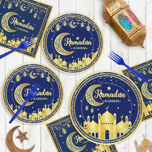 96 Pcs Ramadan Plates and Napkins Forks Sets - Blue Gold Eid Mubarak Themed Round Tableware, Disposable KAREEM Paper Plates Napkins Kit for Ramadan Party Supplies Favors Table Decorations, Serves 24