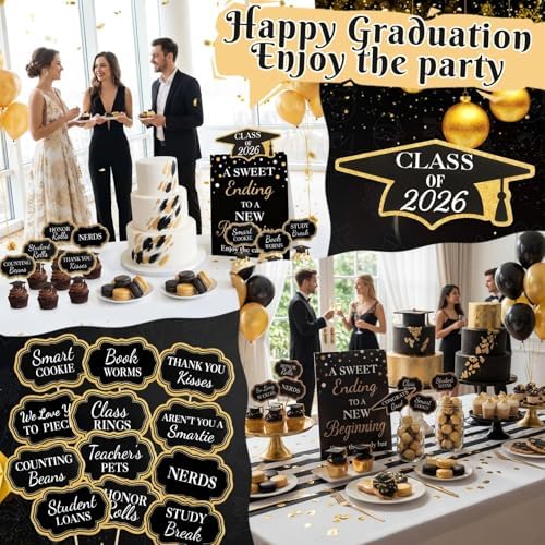 Spakon 24 Pcs Grad Candy Buffet Labels with Stand, Table Signs, Black Gold