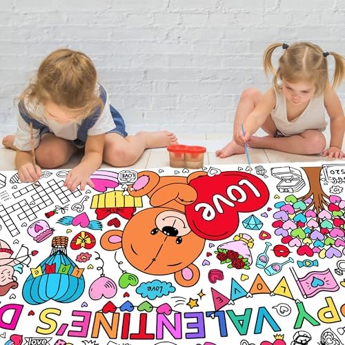 Giant Valentine's Day Coloring Tablecloth, Large Happy Valentine Coloring Poster for Home Birthday Party Supplies, 30x72 Inches