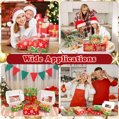 72 Set Christmas Cookie Boxes with Window 7"x4.7"x2.4" Christmas Cookie Tins Bakery Treat Box for Gift Giving Xmas Treat Container with Ribbon and Tag for Winter Xmas Party Supply (Cute)