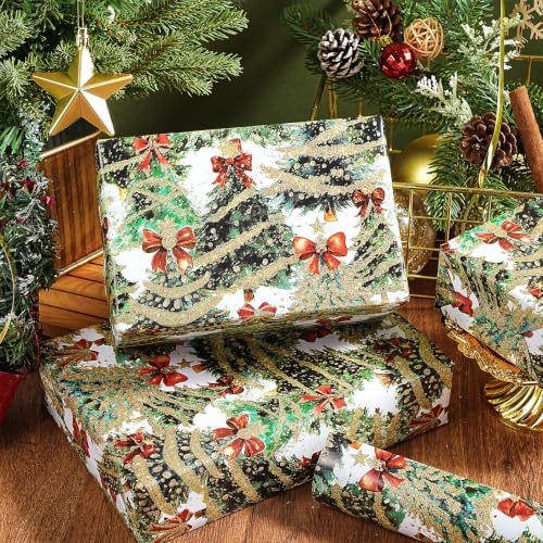 RUSPEPA Glitter Foil Christmas Wrapping Paper Roll, Mini Roll, Festive Holiday Tree Design with Red Bows & Lights Design Gift Wrap for Kids, Girls, Women, Friends, Xmas Presents, 17 Inches x 16.4 Feet