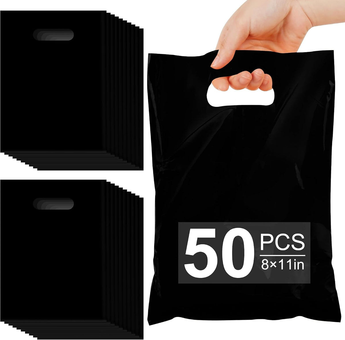 VieFantaisie 50 PCS Black Party Favor Bags, 8" x 11" Goodie Bags for Candy Treat Craft Easter Egg, Plastic Gift Bag with Die Cut Handles for Birthday Party, School Events & Small Business, Wedding