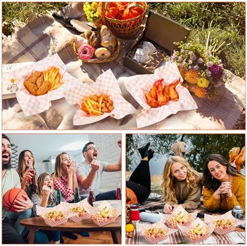 Geosar 100 Pcs Gingham Paper Food Tray with Wax Paper,Orange White
